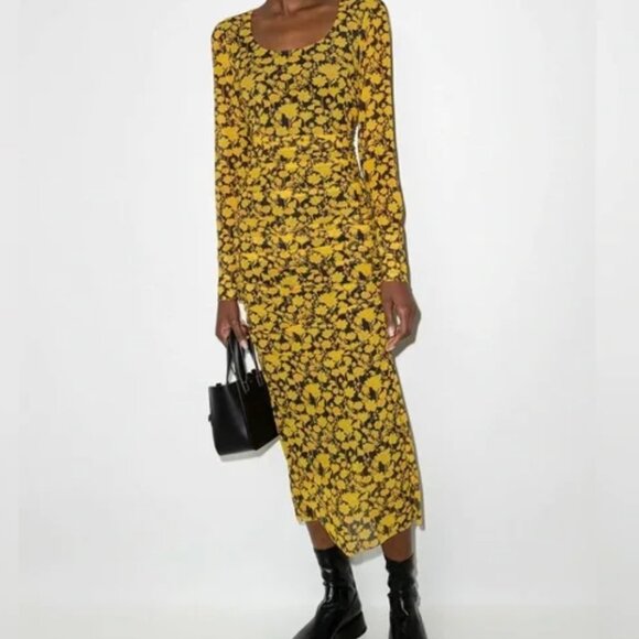 Ganni Black Yellow Floral Long Sleeve Dress mesh 32 - Picture 1 of 9